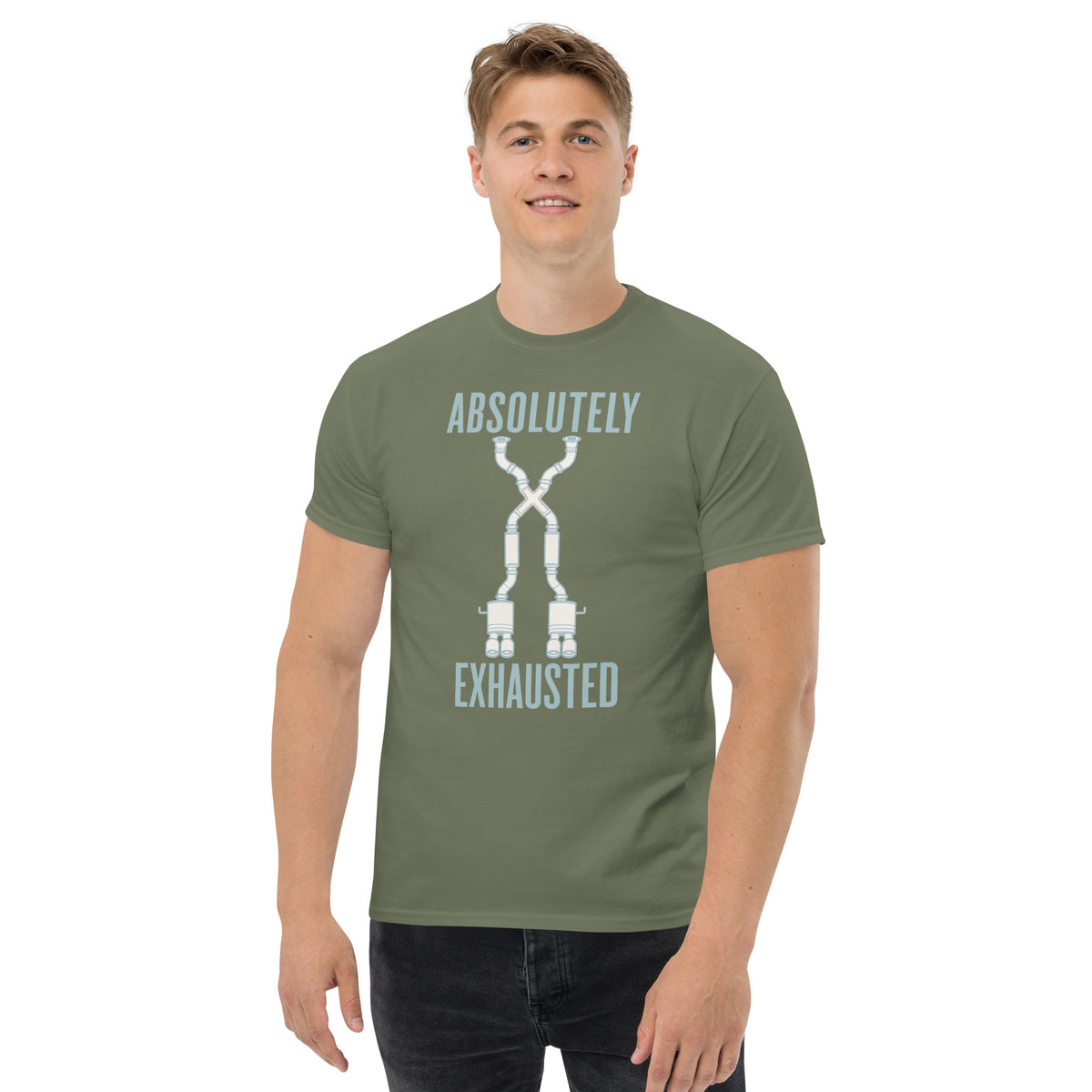 Absolutely Exhausted t-shirt, Military Green front view (2) — Marque automotive apparel