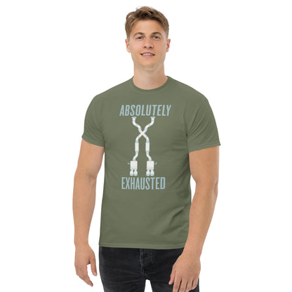 Absolutely Exhausted t-shirt, Military Green front view (2) — Marque automotive apparel