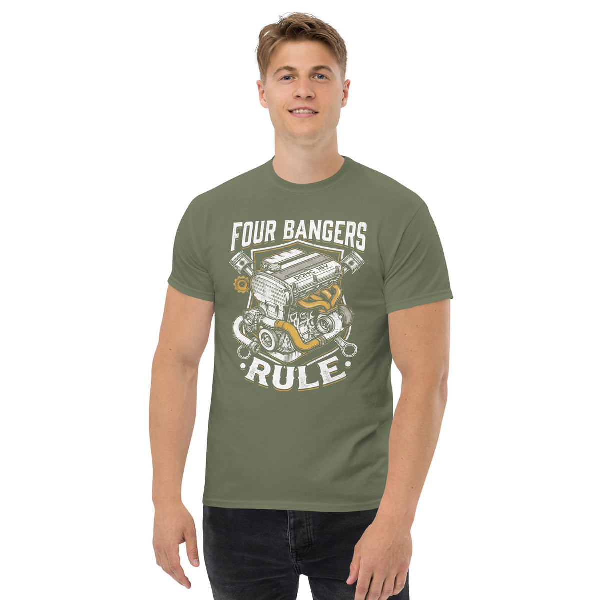 Four Banger Engines Rule t-shirt in Military Green, front view (2) — Marque automotive apparel