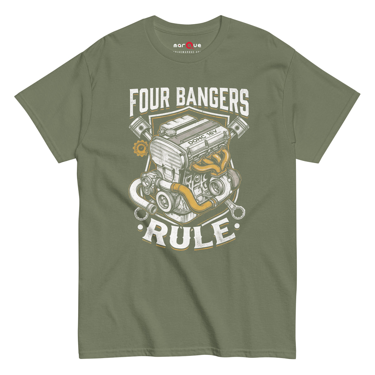Four Banger Engines Rule t-shirt in Military Green, front view — Marque automotive apparel