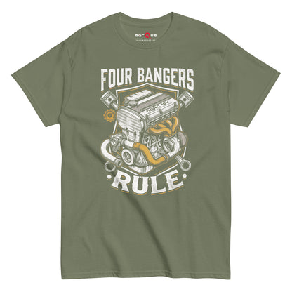 Four Banger Engines Rule t-shirt in Military Green, front view — Marque automotive apparel