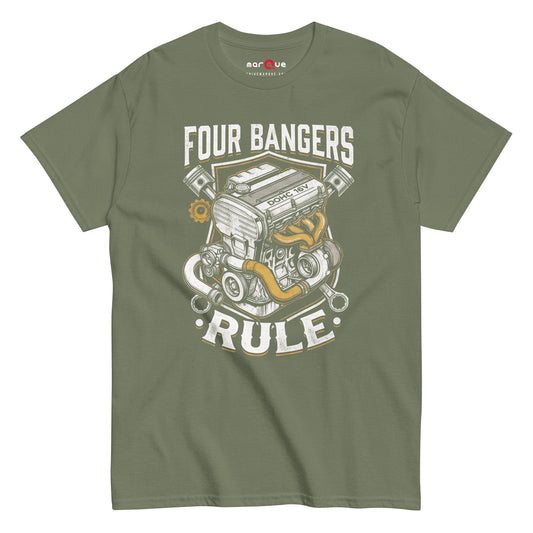 Four Banger Engines Rule t-shirt in Military Green, front view — Marque automotive apparel