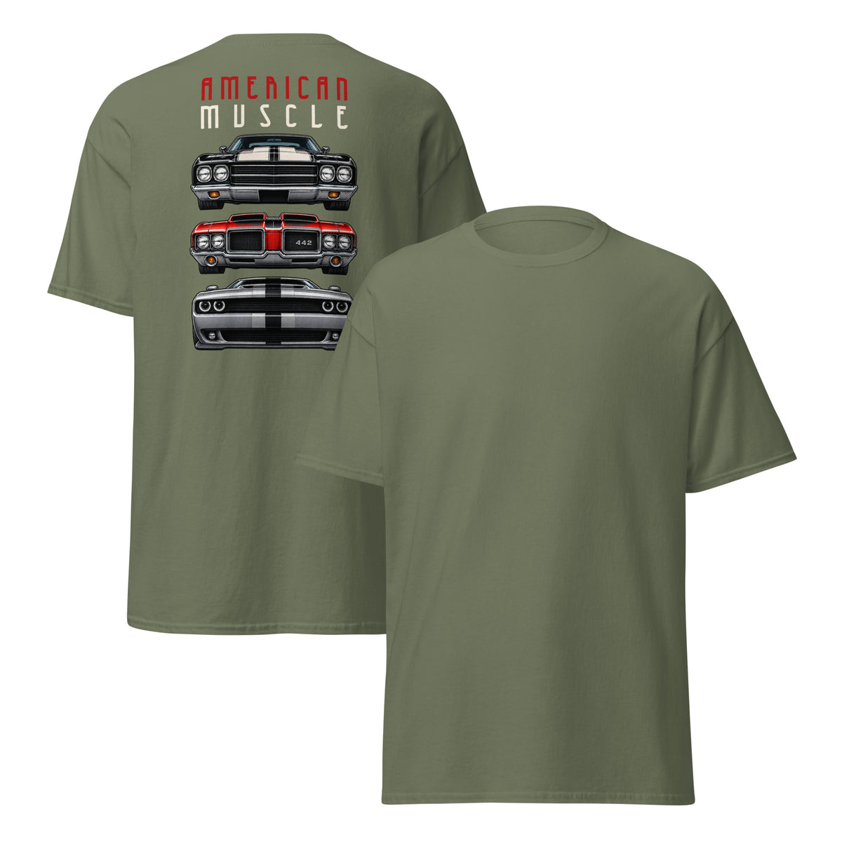 American Muscle Tee, Military Green — front and back, plain front with large back print, Marque automotive apparel
