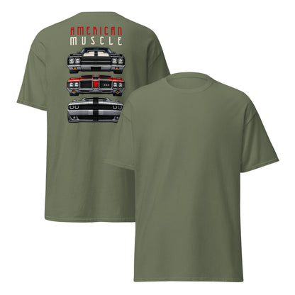 American Muscle Tee, Military Green — front and back, plain front with large back print, Marque automotive apparel