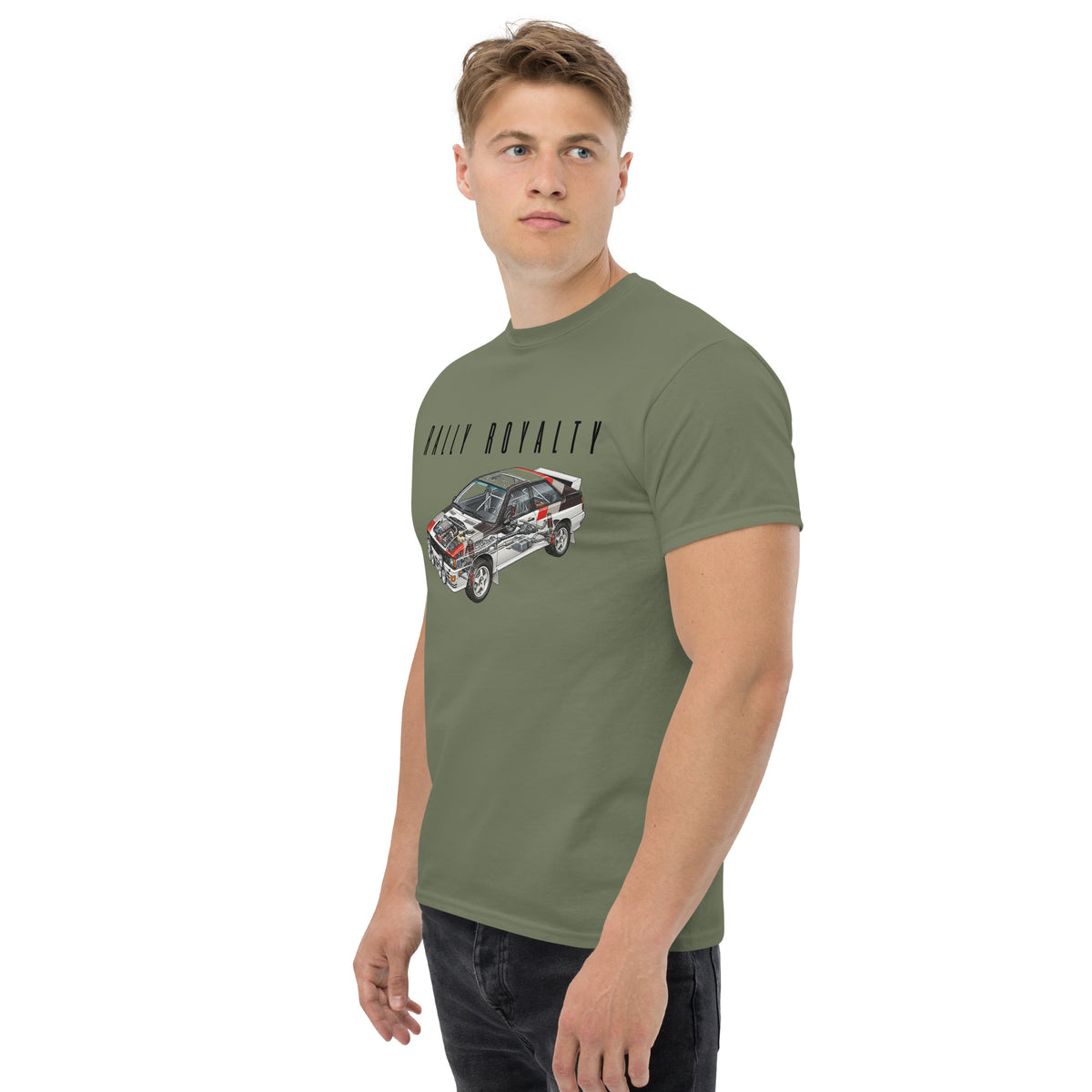 Rally Royalty Tee, Military Green — worn left front three-quarter view, Marque automotive apparel