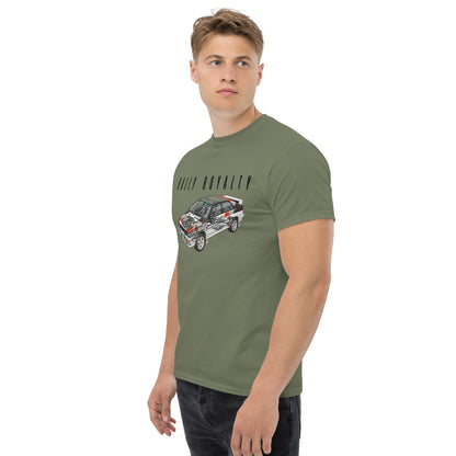 Rally Royalty Tee, Military Green — worn left front three-quarter view, Marque automotive apparel