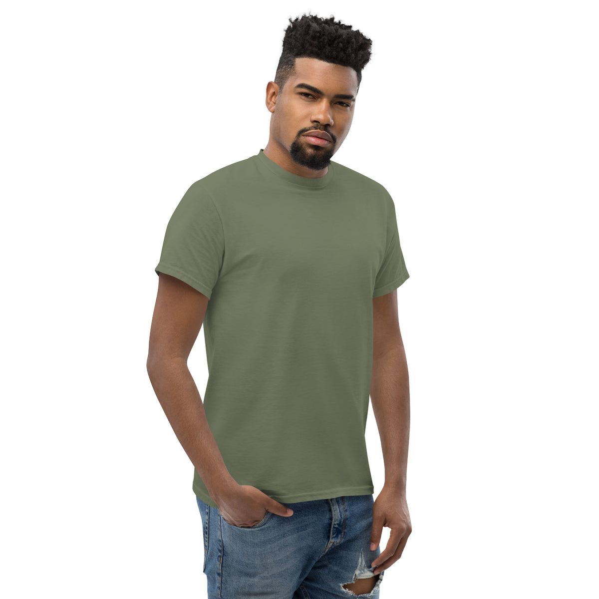 American Muscle Tee, Military Green — worn right front three-quarter view, plain front, Marque automotive apparel