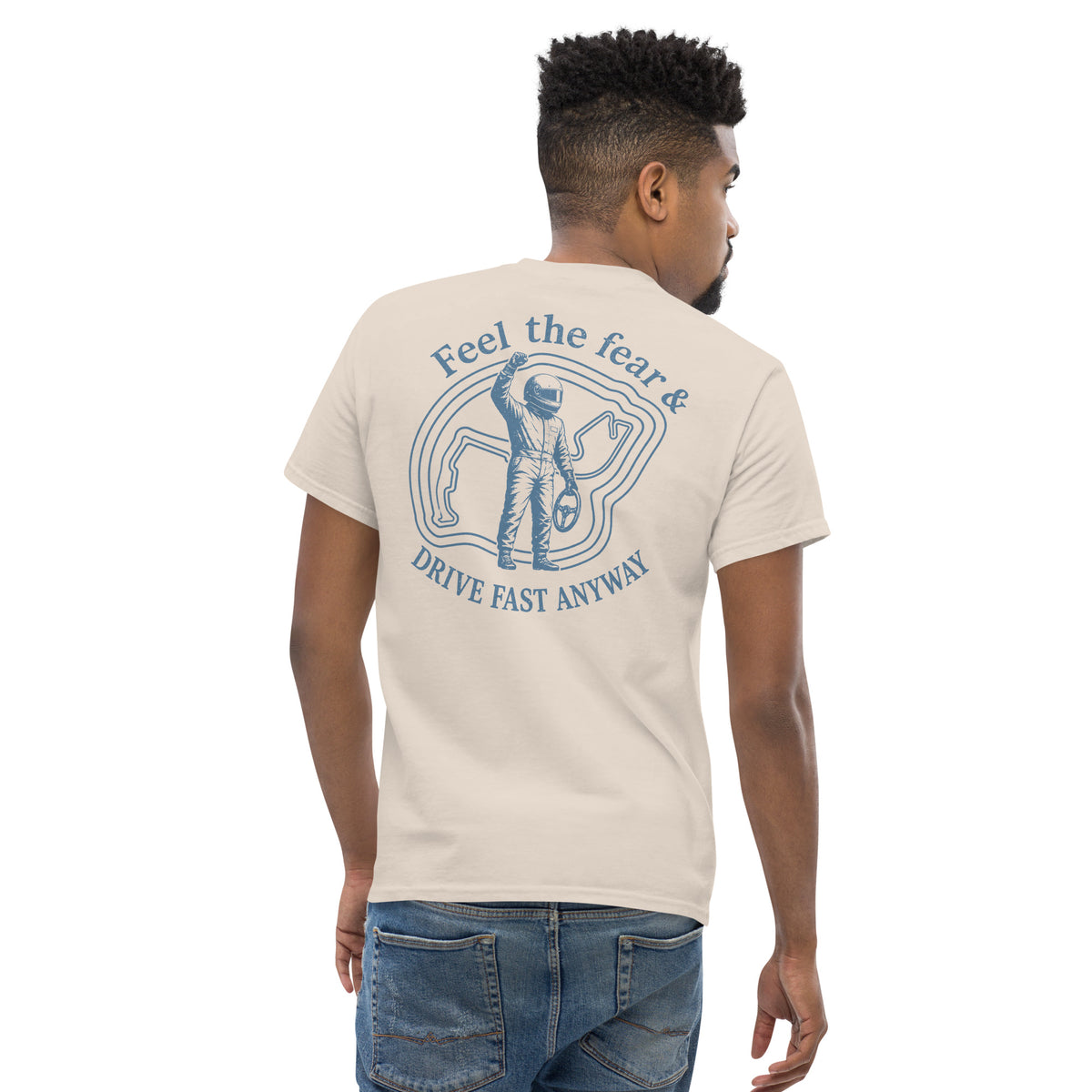 Natural Feel the Fear tee, second rear view with the circuit outline visible