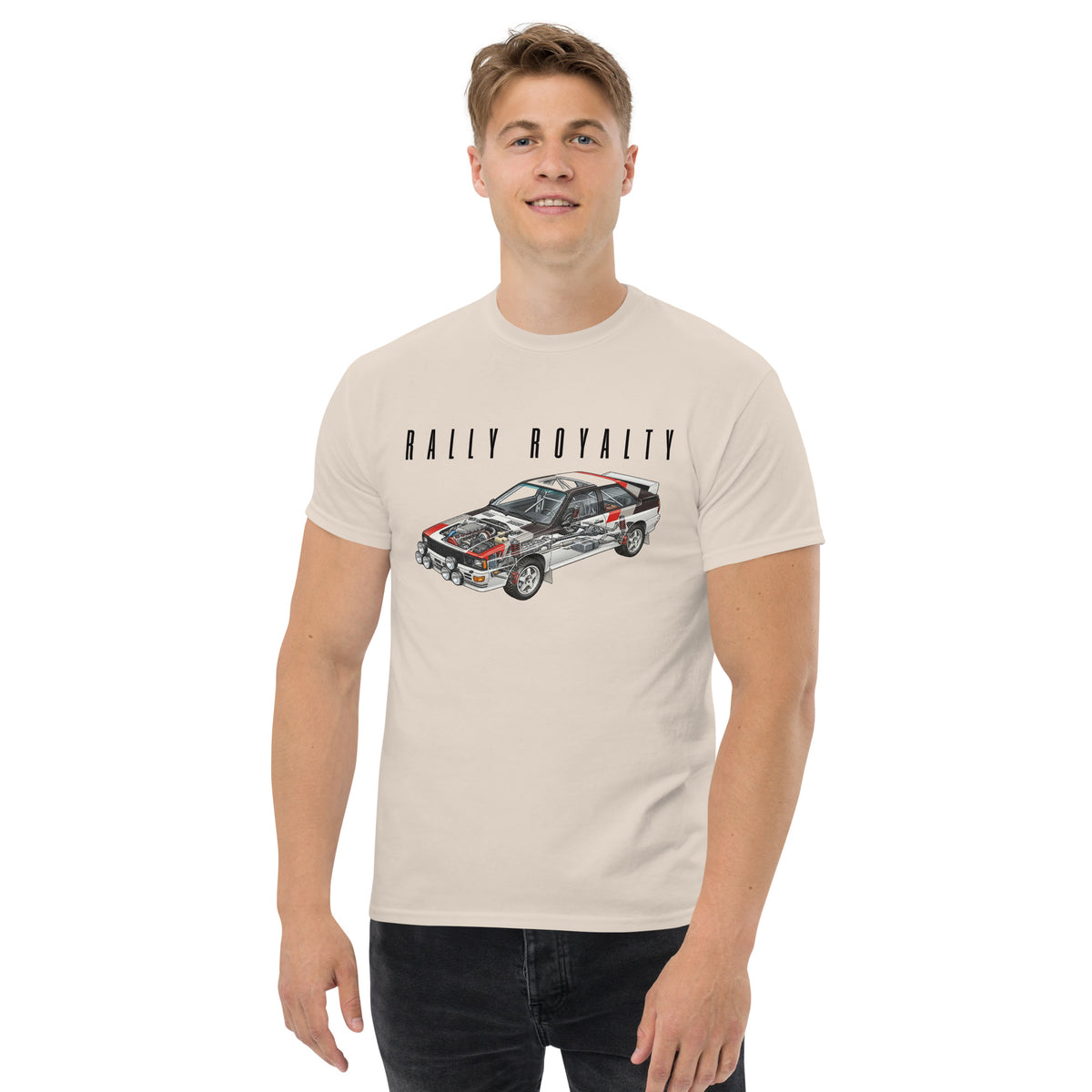 Rally Royalty Tee, Natural — worn front view, Marque automotive apparel