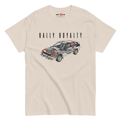 Rally Royalty Tee, Natural front view — Group B rally cutaway front print, Marque automotive apparel