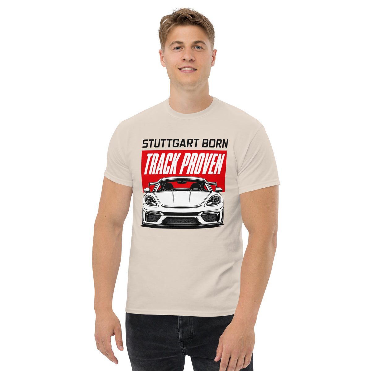 Stuttgart Born, Track Proven Tee, Natural front view (2) — Marque automotive apparel