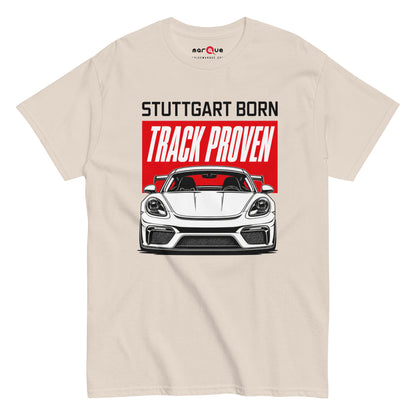 Stuttgart Born, Track Proven Tee, Natural front view — Marque automotive apparel