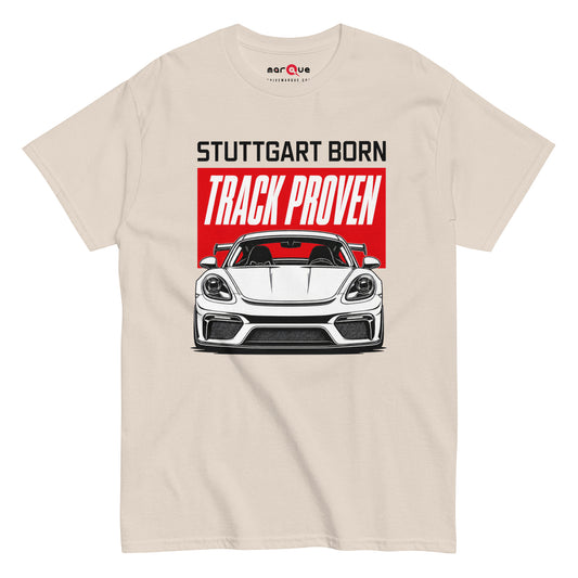 Stuttgart Born, Track Proven Tee, Natural front view — Marque automotive apparel