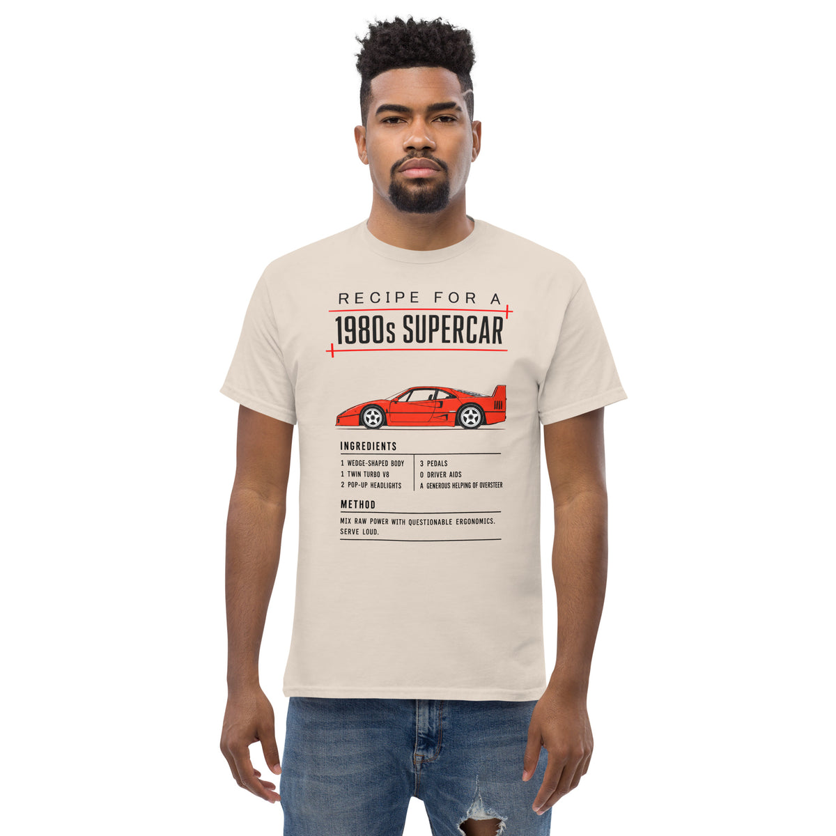 Recipe for a 1980s Supercar tee, Natural front view (2) — Marque automotive apparel