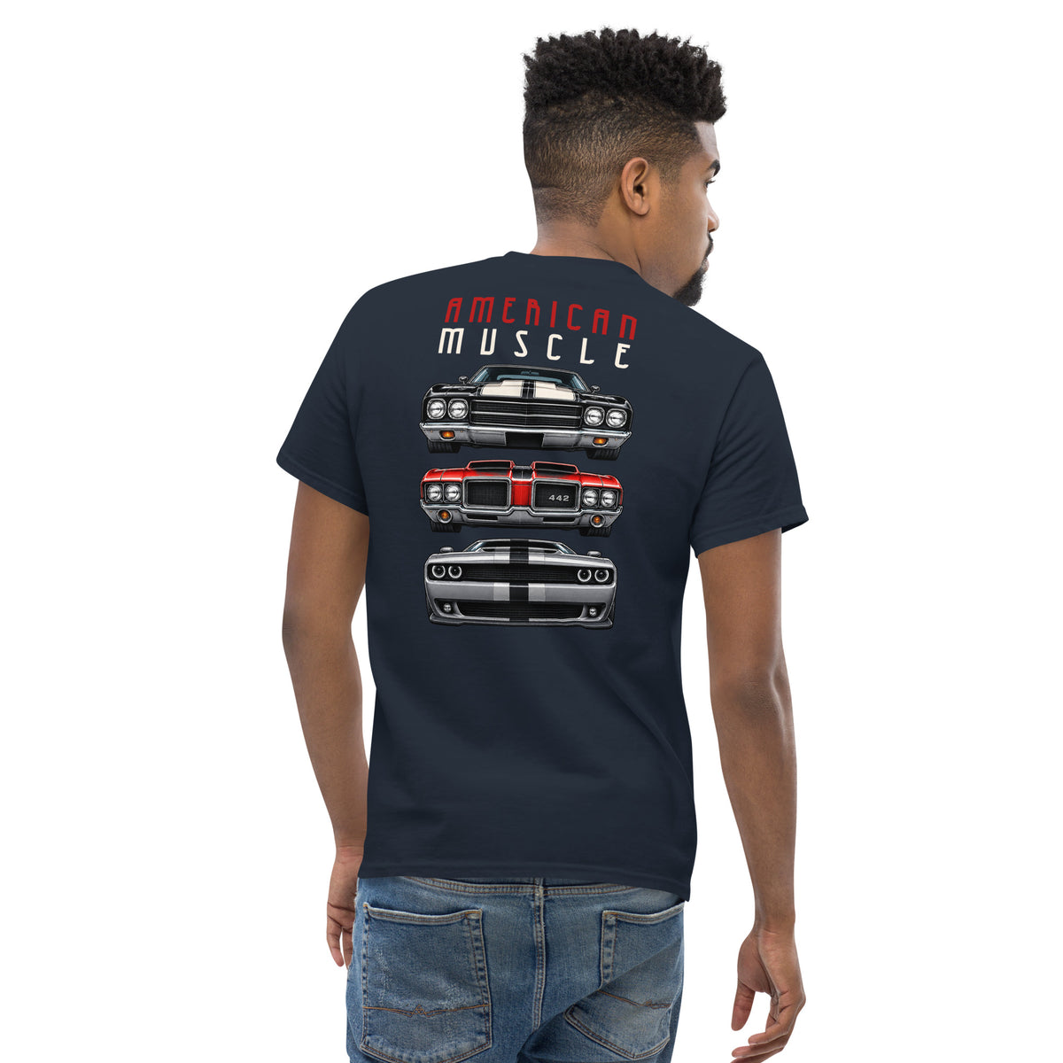 American Muscle Tee, Navy — worn back view showing the quad-light back print, Marque automotive apparel
