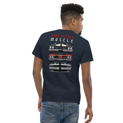 American Muscle Tee, Navy — worn back view showing the quad-light back print, Marque automotive apparel