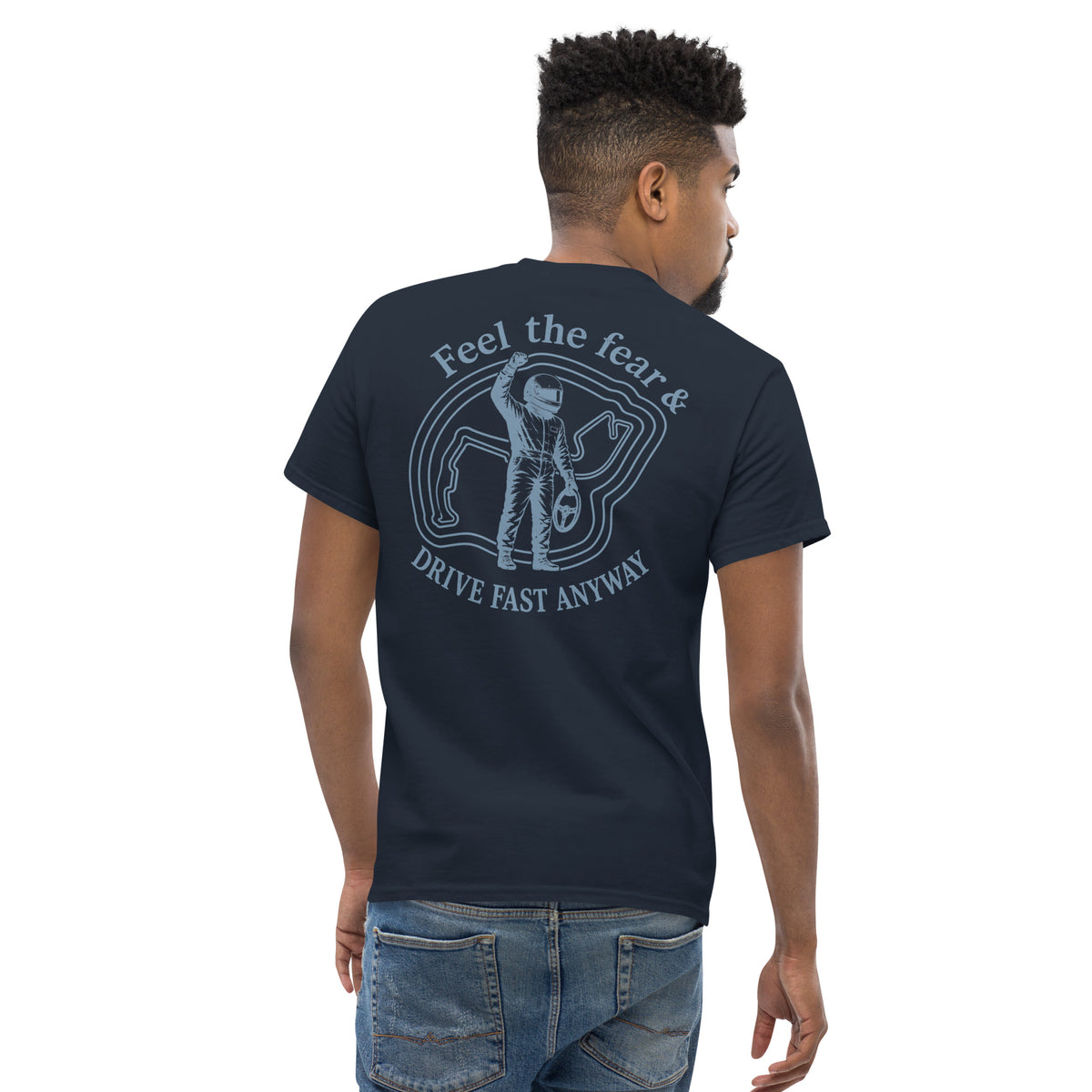 Navy Feel the Fear tee, second rear view with the full badge visible