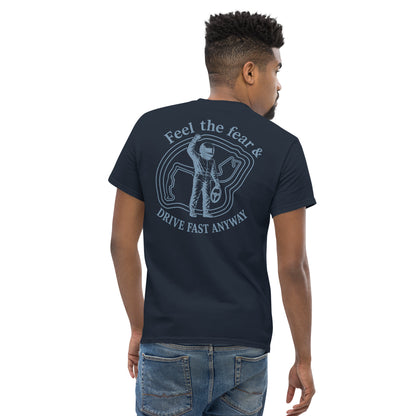 Navy Feel the Fear tee, second rear view with the full badge visible