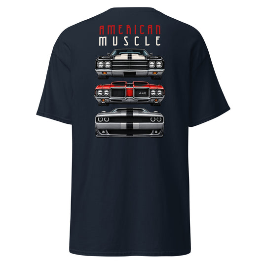 American Muscle Tee, Navy back view — three muscle car front ends, large back print, Marque automotive apparel