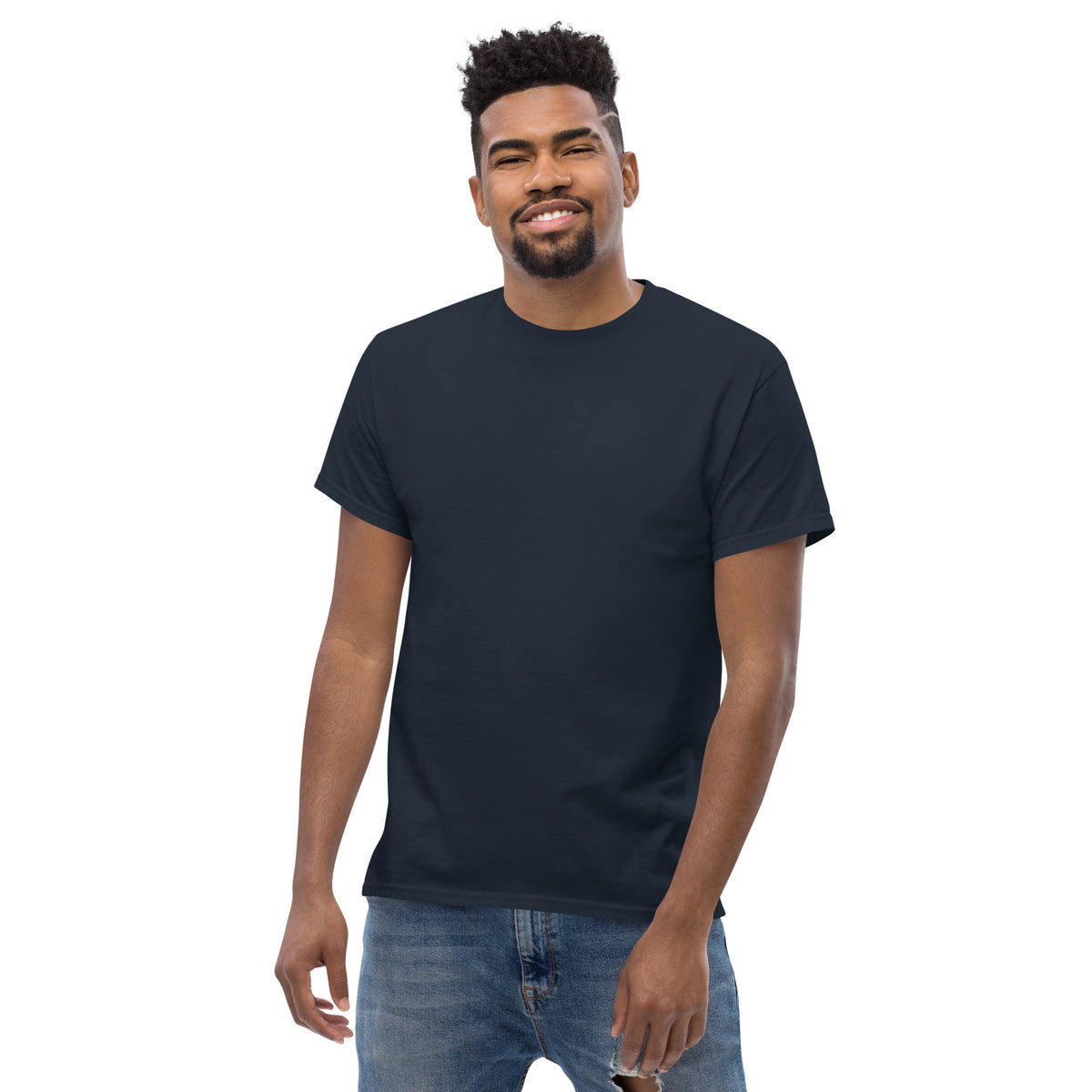 Navy Feel the Fear tee, second front view showing the clean chest