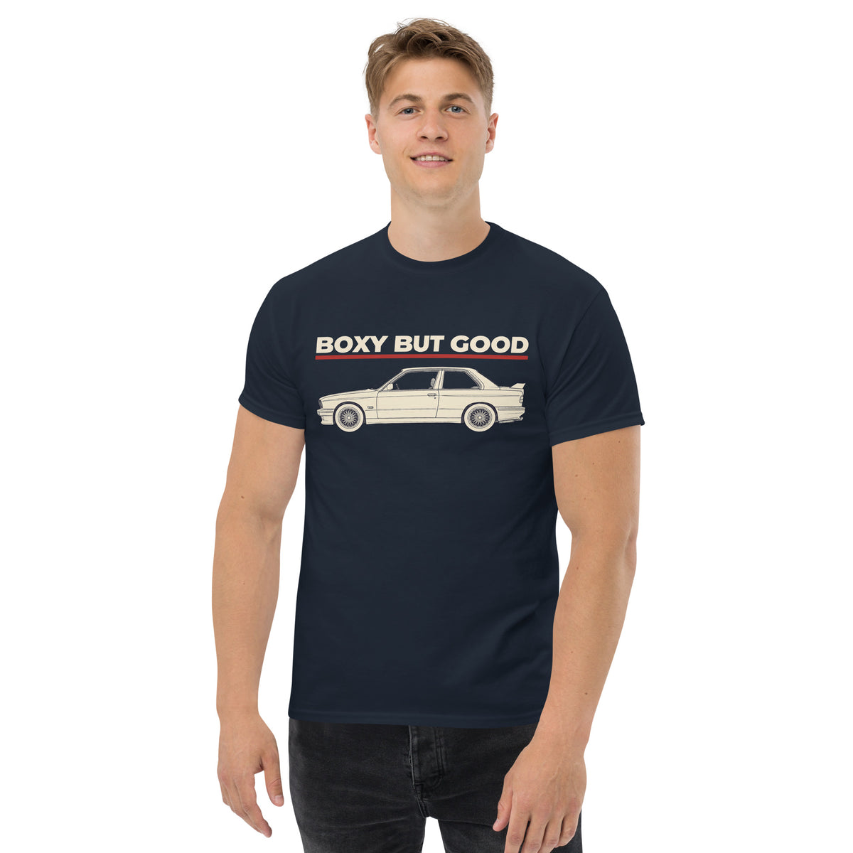 Boxy But Good Tee, Navy — front print detail, BOXY BUT GOOD lettering above the car