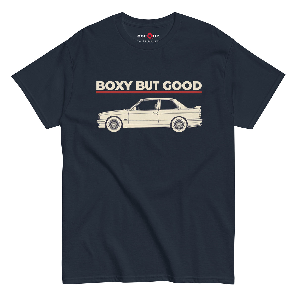 Boxy But Good Tee, Navy front view — 80s sports saloon profile with sign-painter type, Marque automotive apparel