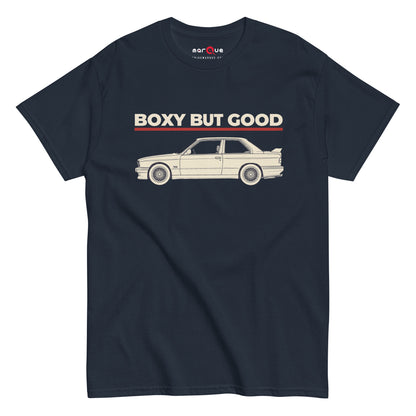Boxy But Good Tee, Navy front view — 80s sports saloon profile with sign-painter type, Marque automotive apparel