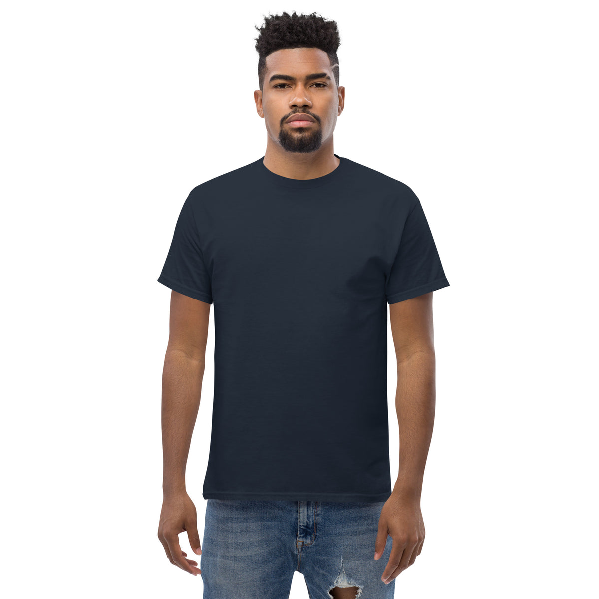 Front of the navy Feel the Fear tee, plain and unprinted