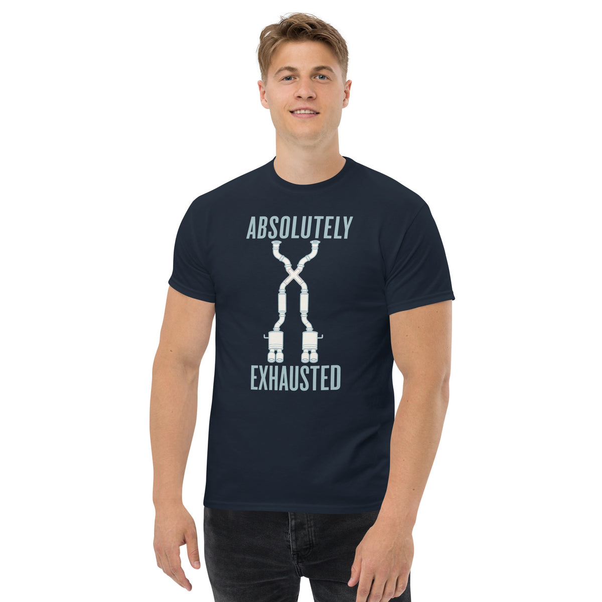 Absolutely Exhausted t-shirt, Navy front view (2) — Marque automotive apparel