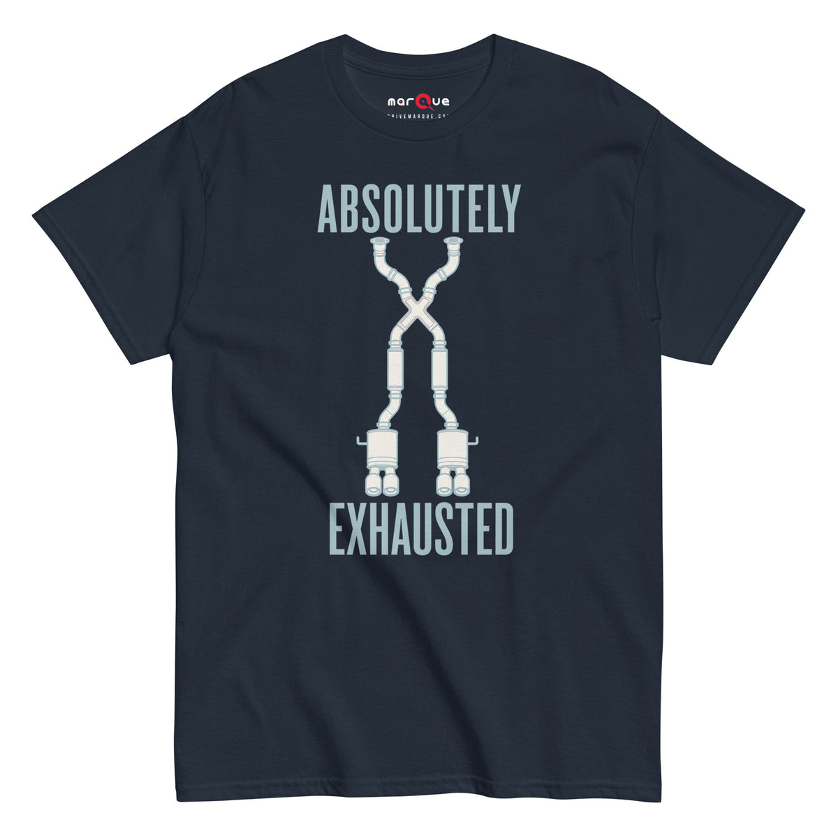 Absolutely Exhausted t-shirt, Navy front view — Marque automotive apparel