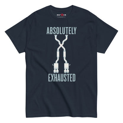 Absolutely Exhausted t-shirt, Navy front view — Marque automotive apparel