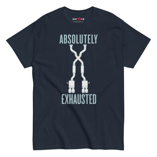 Absolutely Exhausted t-shirt, Navy front view — Marque automotive apparel