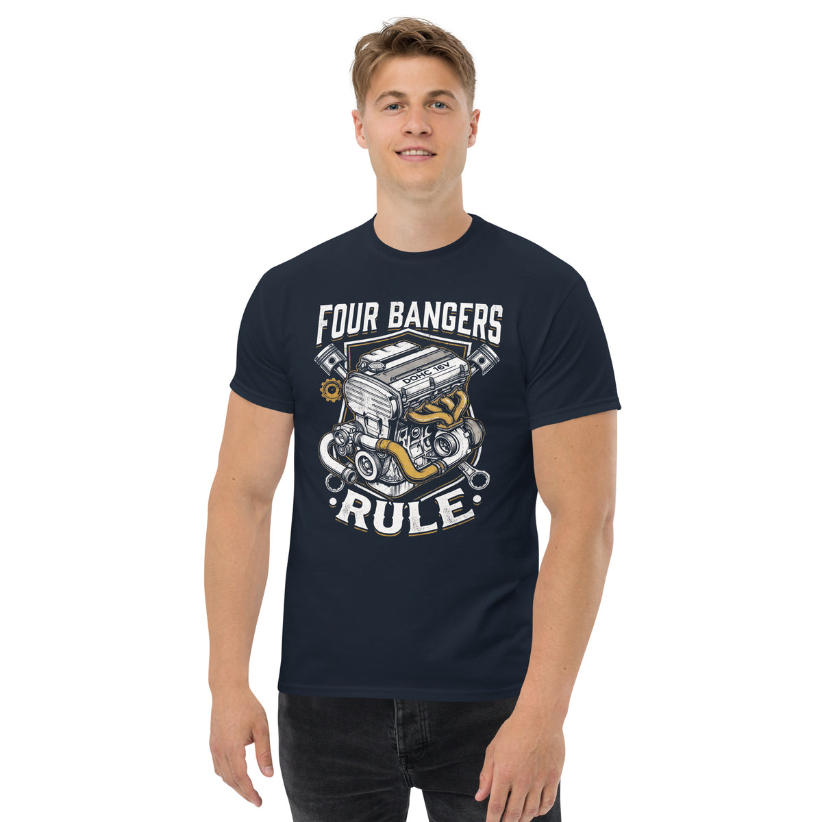Four Banger Engines Rule t-shirt in Navy, front view (2) — Marque automotive apparel