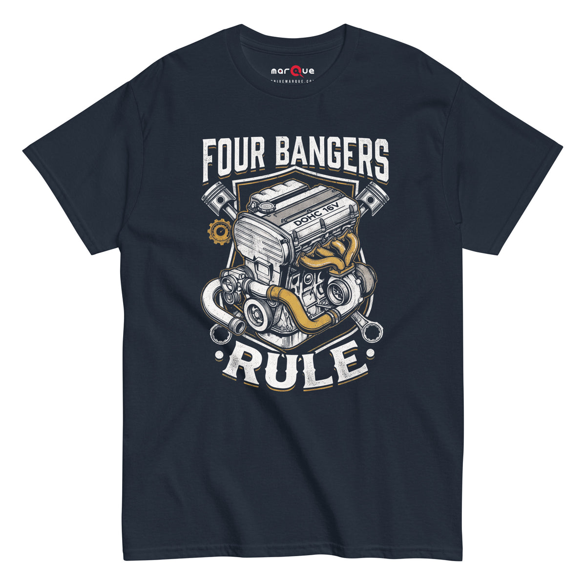 Four Banger Engines Rule t-shirt in Navy, front view — Marque automotive apparel