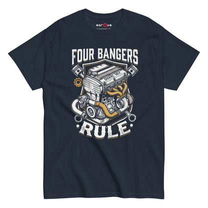 Four Banger Engines Rule t-shirt in Navy, front view — Marque automotive apparel