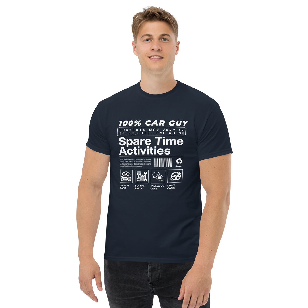 100% Car Guy t-shirt in Navy, worn — Marque automotive apparel