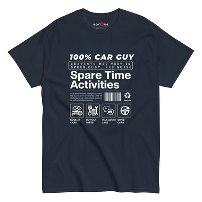 100% Car Guy t-shirt in Navy — parody product label with spare time activities — Marque automotive apparel