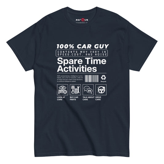 100% Car Guy t-shirt in Navy — parody product label with spare time activities — Marque automotive apparel