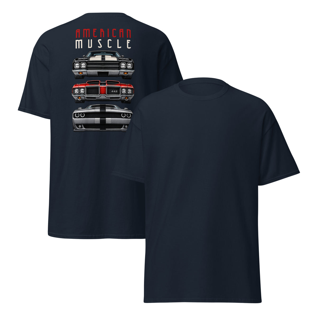 American Muscle Tee, Navy — front and back, plain front with large back print, Marque automotive apparel