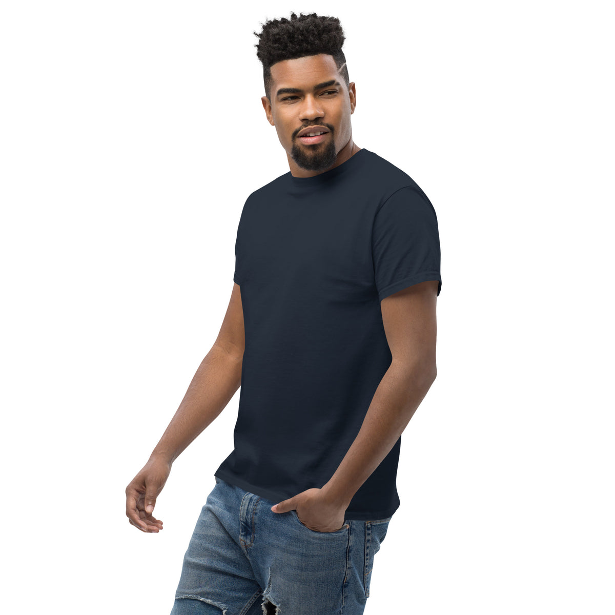 Navy Feel the Fear tee, left three-quarter front view