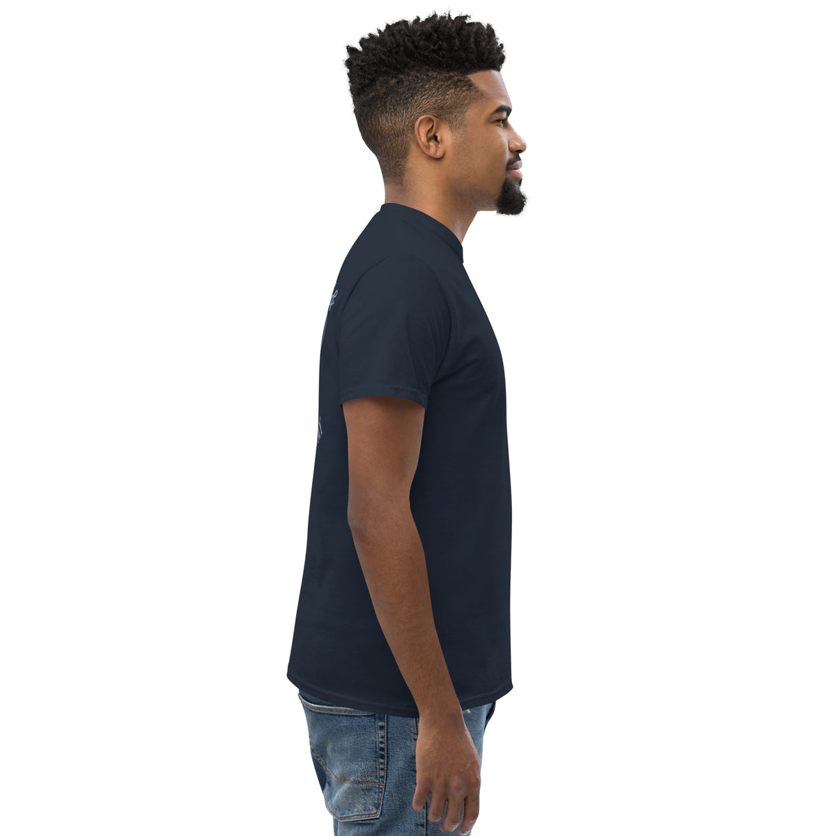 Navy Feel the Fear tee from the right side