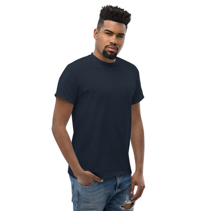 American Muscle Tee, Navy — worn right front three-quarter view, plain front, Marque automotive apparel