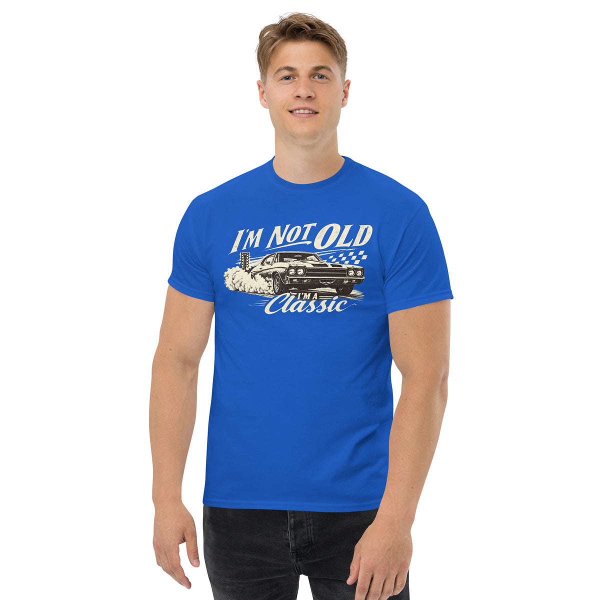 I'm Not Old, I'm a Classic tee, Royal front view (2) — Marque automotive apparel