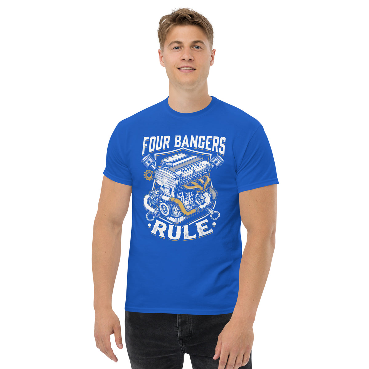 Four Banger Engines Rule t-shirt in Royal, front view (2) — Marque automotive apparel