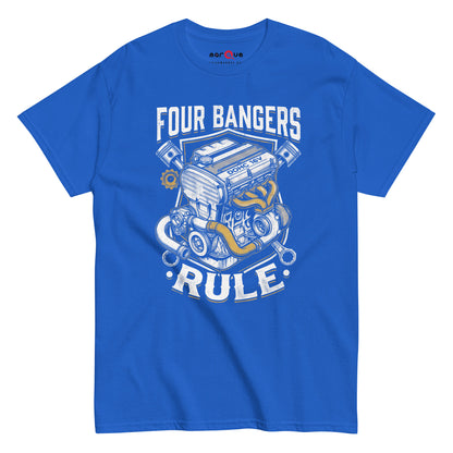 Four Banger Engines Rule t-shirt in Royal, front view — Marque automotive apparel