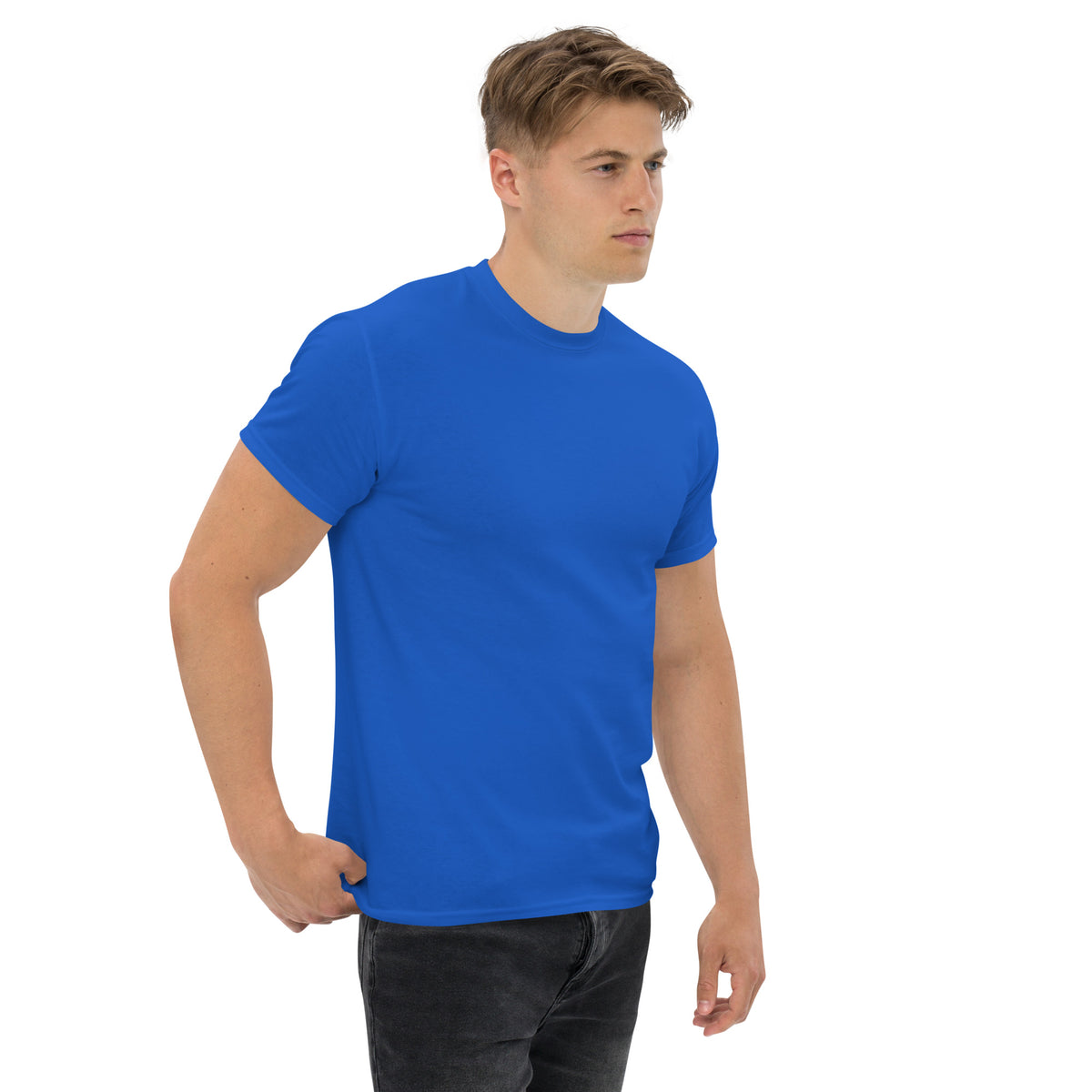 Built Not Bought Tee, Royal — right front three-quarter view showing the plain front