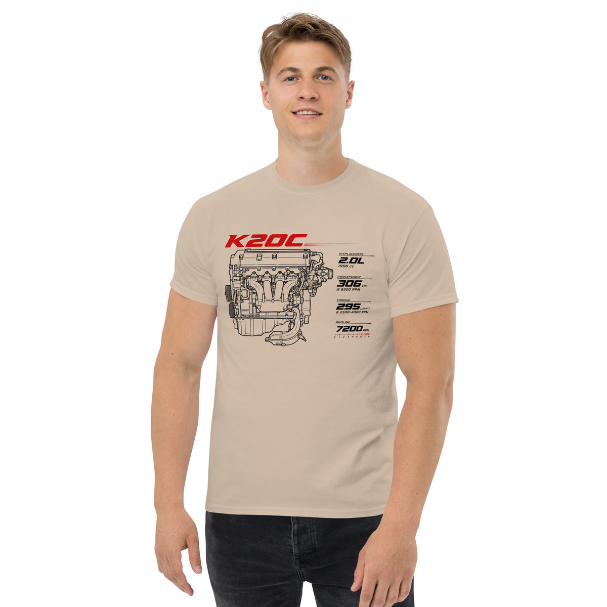 K20C Tee, Sand — front print detail with displacement, horsepower, torque and redline spec block