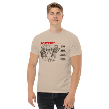 K20C Tee, Sand — front print detail with displacement, horsepower, torque and redline spec block