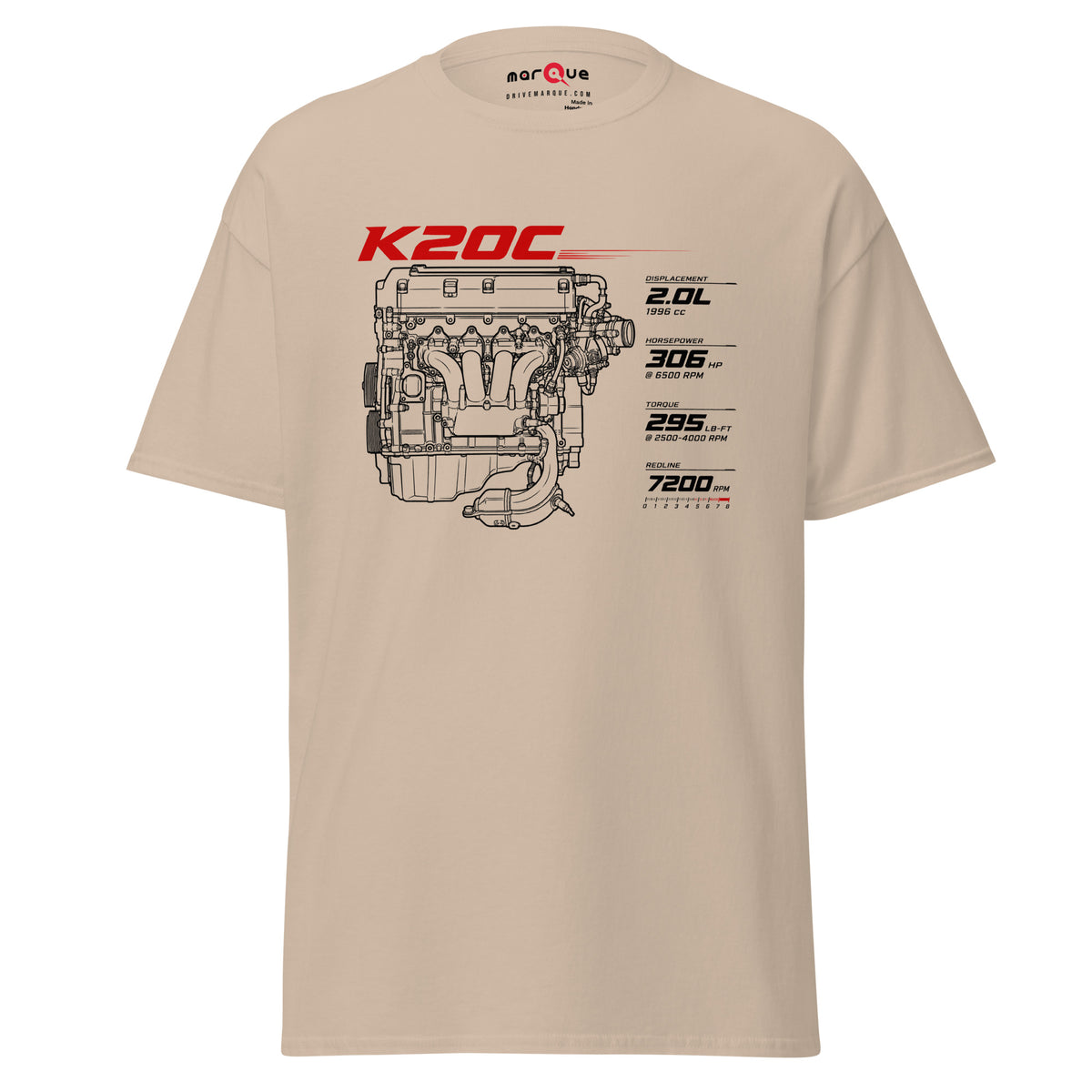 K20C Tee, Sand front view — turbocharged four-cylinder engine blueprint, Marque automotive apparel