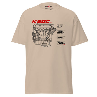 K20C Tee, Sand front view — turbocharged four-cylinder engine blueprint, Marque automotive apparel